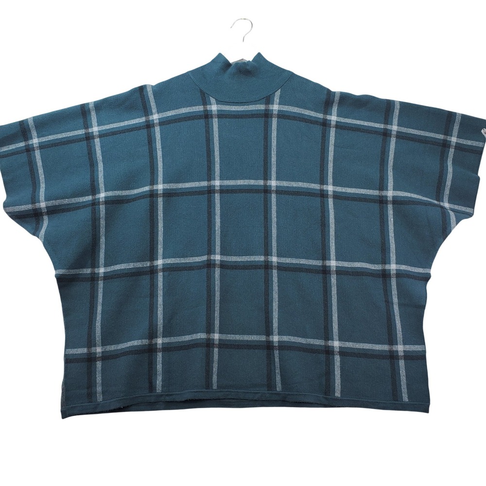 Max Studio Poncho Sweater Women One Size Teal Plaid Mock Neck Pullover Oversized